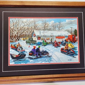 Framed in Oak 21 x 27 Snowmobile art print by Ken Zylla titled Jr&#39;s Corner