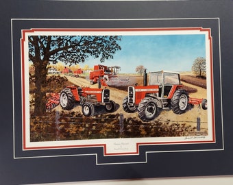 Massey Ferguson combine 550, 298, 3545 tractors matted farm art print titled Massey Harvest