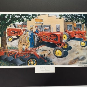 Matted Case Massey Harris tractor art print farming by Russell Sonnenberg titled Dad&#39;s New Tractor