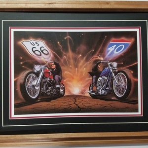 Framed 21 x 27 in Oak Harley Davidson art print by David Mann titled Route 66