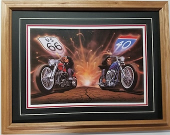 Framed 21 x 27 in Oak Harley Davidson art print by David Mann titled Route 66