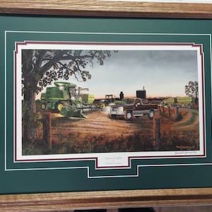 Framed Tractor farm art John Deere combine 9500 by Russell Sonnenberg titled Harvest Lights