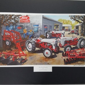 Impresión artística de Tractor Ford con paspartú de 18 x 24 de Russell Sonnenberg titulada La familia Ford