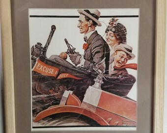 Framed and matted 11 x 13 art print by Norman Rockwell titled Trio in Early Motor Car from the Saturday Evening Post