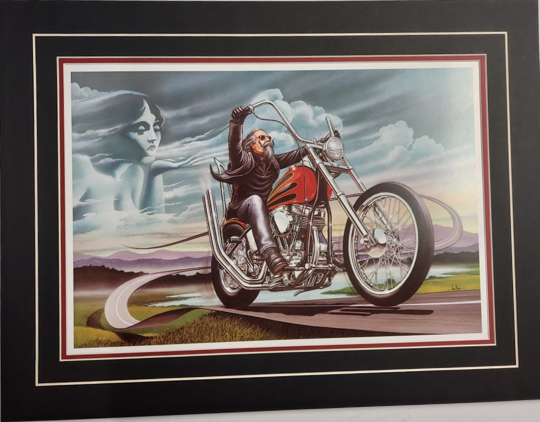 Matted Motorcycle Art Print Spirit by David Mann Titled Wind at My