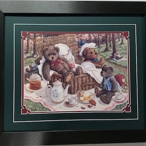 Framed green teddy bear outdoor woods art print by Janet Kruskamp titled Bears Picnic