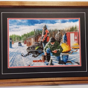 Framed 21 x 27  in Oak & Matted Ice Fishing Snowmobile art print by Kevin Daniels titled The Good Old Days