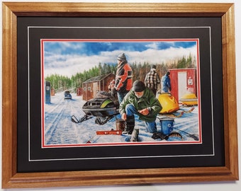 Framed 21 x 27  in Oak & Matted Ice Fishing Snowmobile art print by Kevin Daniels titled The Good Old Days