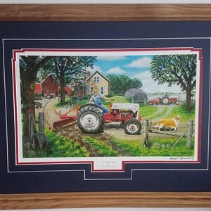 Framed 21 x 27 Ford 8N farm art print by Russell Sonnenberg titled County Lane