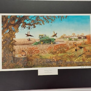 Oprawiona w matę 18 x 24 John Deere Combine Pheasant grafika artystyczna autorstwa Russella Sonnenberga zatytułowana Autumn Critters