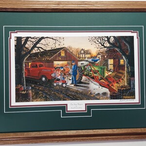 Framed 21 x 27 in Oak John Deere  art Print titled The New Wagon by Russell Sonnenberg.