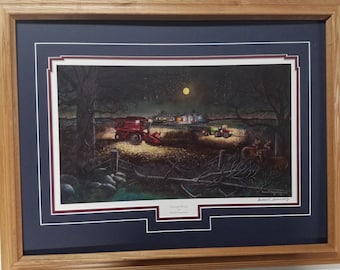 Framed 21 x 27 International 2366 combine Tractor Country Farm art print by Russell Sonnenberg titled Harvest Moon
