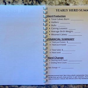 May include: A white spiral-bound notebook page titled YEARLY HERD SUMMARY. It includes sections for Herd Production, Financial Summary, and Herd Change with blank lines for data entry. The bottom features the text Deuteronomy 8:18.