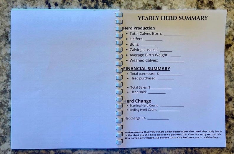 May include: A white spiral-bound notebook page titled YEARLY HERD SUMMARY. It includes sections for Herd Production, Financial Summary, and Herd Change with blank lines for data entry. The bottom features the text Deuteronomy 8:18.