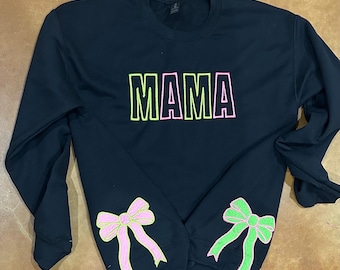 Embroidered Mama Sweatshirt: Side Bow Appliqué - Unisex Medium