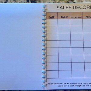 May include: A spiral-bound notebook open to a page titled SALES RECORD. The page features a table with columns for DATE, TAG #, SELL WEIGHT, PRICE, and NOTES. The bottom of the page includes the text: PROVERBS 11:1 A false balance is an abomination.