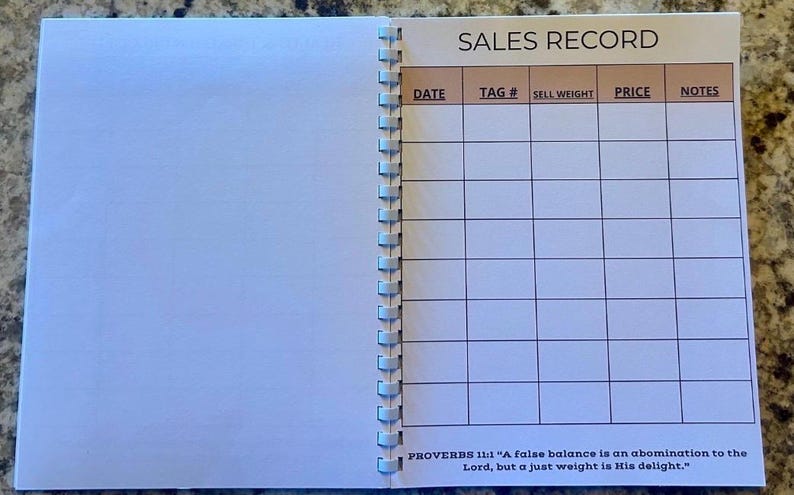May include: A spiral-bound notebook open to a page titled SALES RECORD. The page features a table with columns for DATE, TAG #, SELL WEIGHT, PRICE, and NOTES. The bottom of the page includes the text: PROVERBS 11:1 A false balance is an abomination.