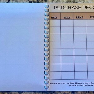May include: A spiral-bound notebook with a white page on the left and a printed purchase record log on the right. The log features columns for date, tag number, price, type, and notes, with the text Proverbs 27:23 at the bottom of the page.