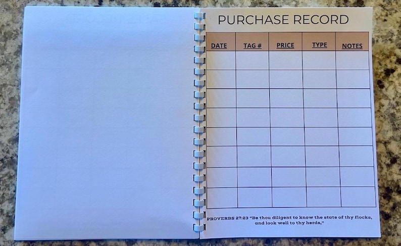 May include: A spiral-bound notebook with a white page on the left and a printed purchase record log on the right. The log features columns for date, tag number, price, type, and notes, with the text Proverbs 27:23 at the bottom of the page.