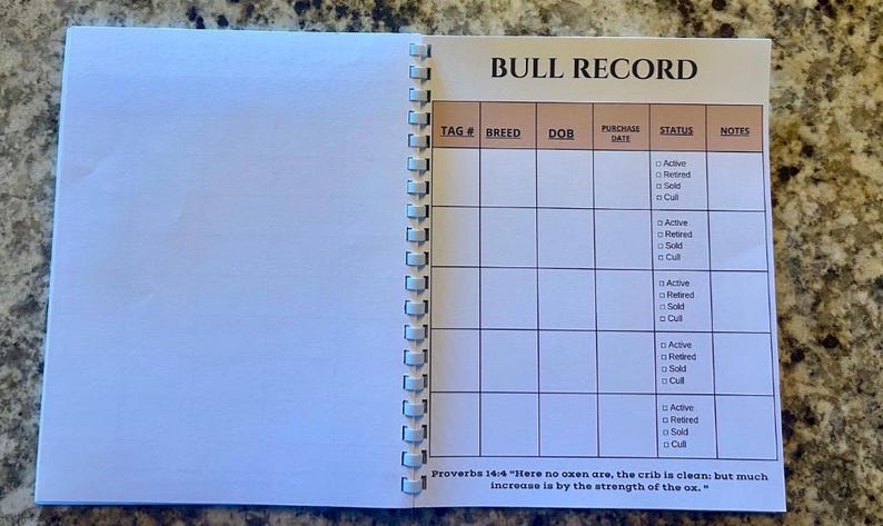 May include: A spiral-bound notebook open to a page titled BULL RECORD. The page features a table with columns for TAG #, BREED, DOB, PURCHASE DATE, STATUS, and NOTES. The status column includes checkboxes for Active, Retired, Sold, and Cull.