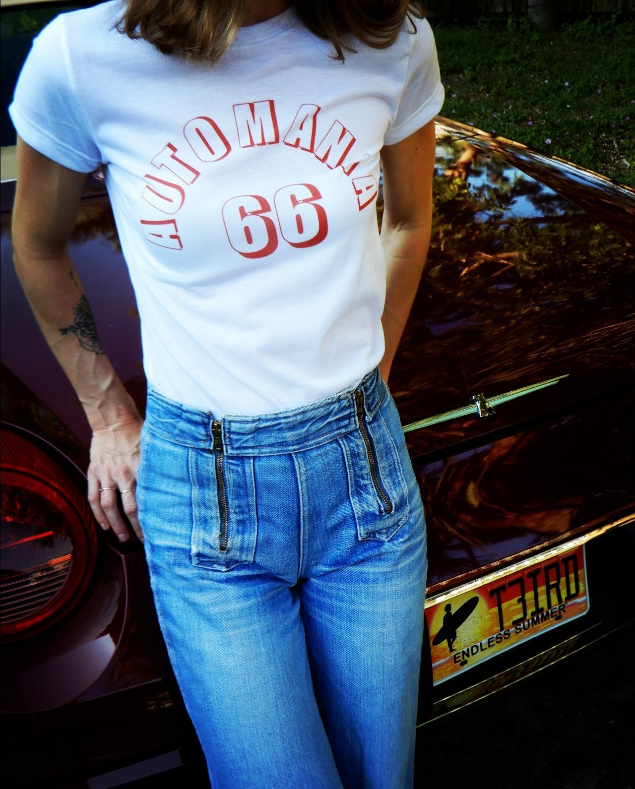 NEW IN! French actress singer Françoise Hardy retro vintage AUTOMANIA 66 white red small fitted petite short sleeve t-shirt