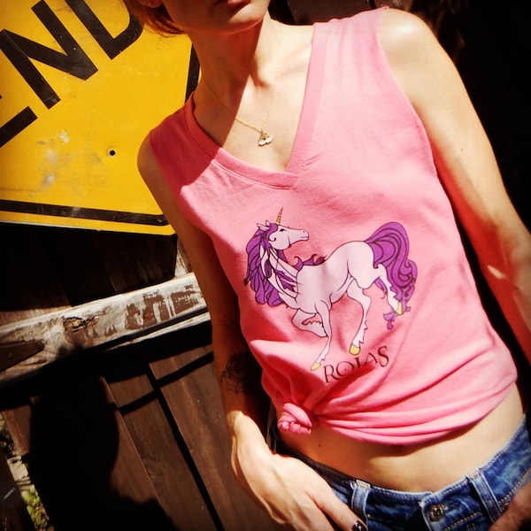 NEW IN! Pink Death Proof inspired cut off sleeve Purple unicorn Rosario Dawson Tarantino movie fun graphic tee XSmall t-shirt