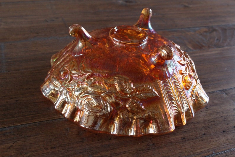 Imperial Glass Footed Ruffled Rose Carnival Bowl Marigold Etsy