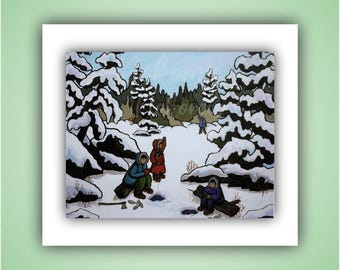 Impression d'art ojibwé « La pêche était bonne » en édition limitée par l'artiste des Premières nations du Canada, Nokomis ; Art authentique signé et numéroté
