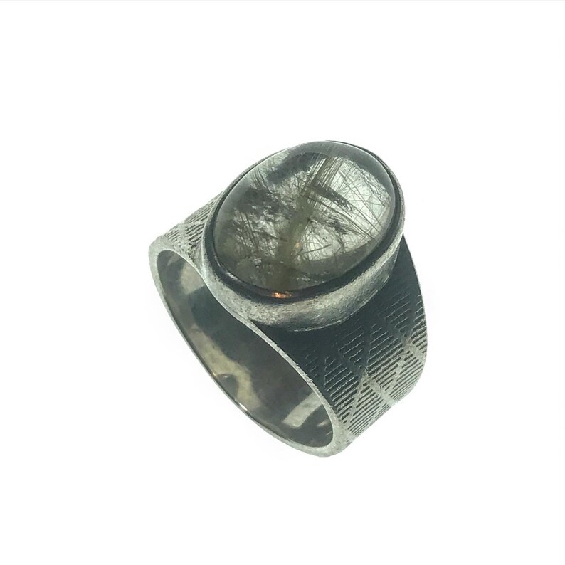 Golden rutile quartz ring size 9 US handmade tribal design geometric design silver 925 silversmith
