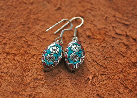 Nepal Earrings Tibetan Silver Inlaid - image 1