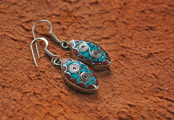 Nepal Earrings Tibetan Silver Inlaid - image 2