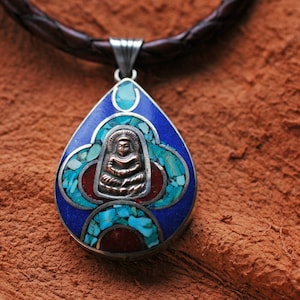 Nepal Tibetan Silver Buddha Pendant inlaid