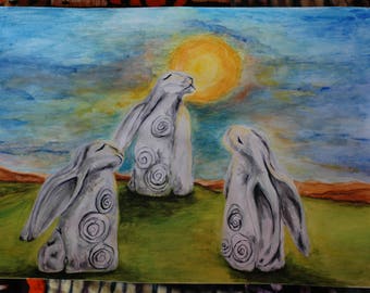 Watercolour Original painting Stone Hares