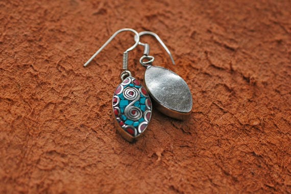 Nepal Earrings Tibetan Silver Inlaid - image 3