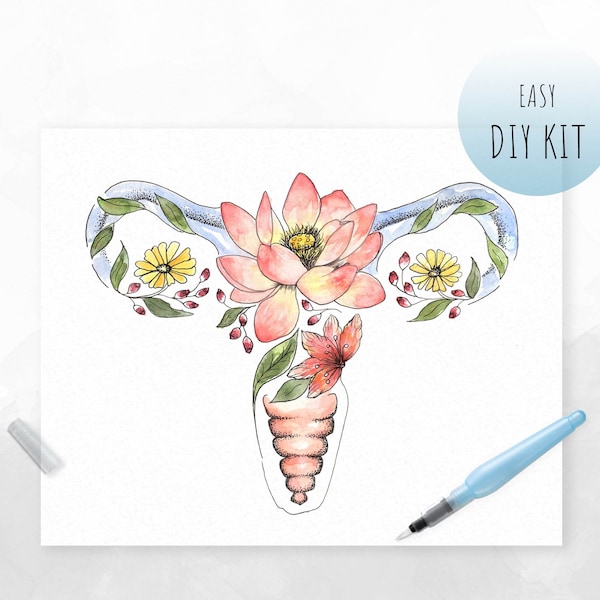 DIY KIT- Watercolor Uterus | Floral Anatomy Art | Paint Kit for Adults