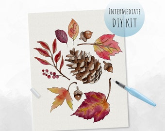 DIY Kit- Watercolor Fall Leaves, Autumn Painting