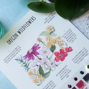 K&ouml;nnte beinhalten: Ein Aquarell-Anleitungsblatt mit dem Titel Oregon Wildflowers, das handgemalte Blumenillustrationen in Gelb-, Rosa-, Rot- und Gr&uuml;nt&ouml;nen zeigt. Die Seite enth&auml;lt nummerierte Anweisungen f&uuml;r Maltechniken sowie eine kleine Farbpalette mit Farbfeldern.