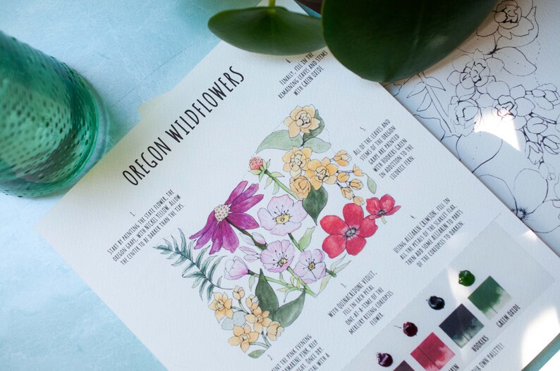 K&ouml;nnte beinhalten: Ein Aquarell-Anleitungsblatt mit dem Titel Oregon Wildflowers, das handgemalte Blumenillustrationen in Gelb-, Rosa-, Rot- und Gr&uuml;nt&ouml;nen zeigt. Die Seite enth&auml;lt nummerierte Anweisungen f&uuml;r Maltechniken sowie eine kleine Farbpalette mit Farbfeldern.