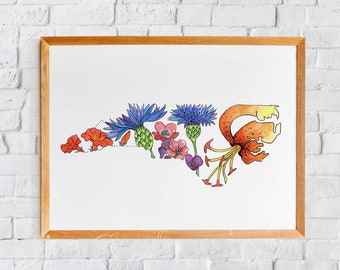 North Carolina Wildflowers Art Print | Giclee State Map