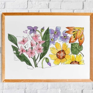Impression d'art de fleurs sauvages de Washington | Carte d'état jet d'encre