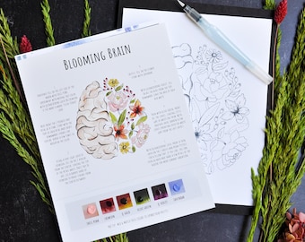 Könnte beinhalten: Eine druckbare Malvorlage mit einem Gehirn, aus dem Blumen wachsen. Die Seite enthält Anweisungen und eine Farbpalette mit Namen für jede Farbe. Der Text lautet "Blooming Brain".