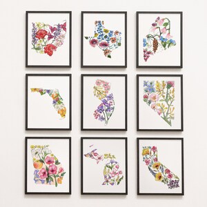 May include: A set of nine framed prints featuring floral designs in the shape of different US states. The prints are all in black frames and have white backgrounds. The flowers are painted in watercolor and are in shades of pink, purple, yellow, and blue.