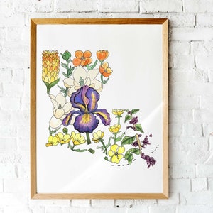 Louisiana Wildblumen Kunstdruck | Giclee Bundesstaat Karte