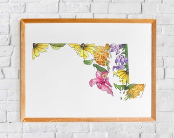 Maryland Wildflowers Art Print | Giclee State Map