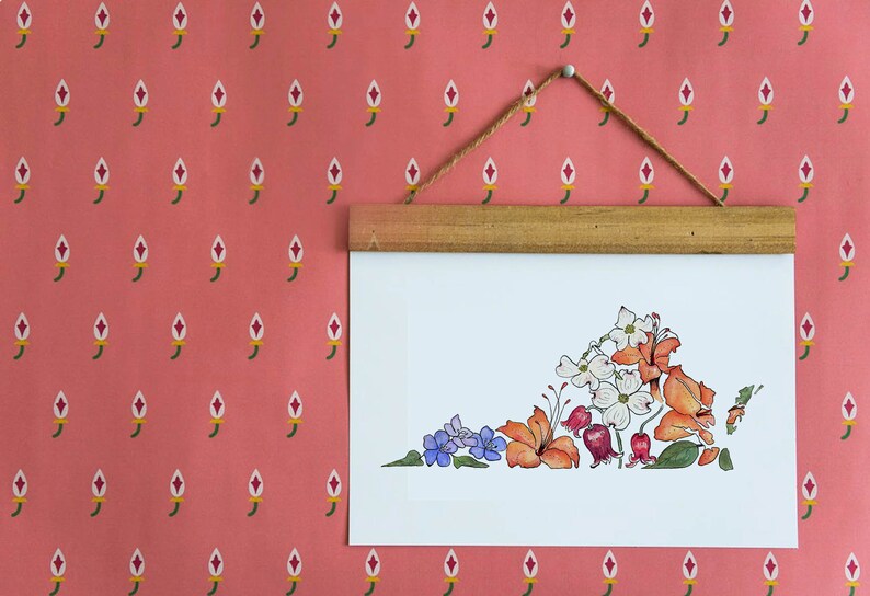 May include: A white framed print of a floral design in the shape of the state of Virginia. The flowers are in shades of orange, red, white, and purple.