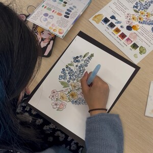 K&ouml;nnte beinhalten: Ein Aquarellbild mit blauen, gelben und rosafarbenen Blumen auf wei&szlig;em Papier, das mit einem Wassertankpinsel gemalt wird. Neben dem Papier liegen zwei informative Aquarell-Anleitungsbl&auml;tter mit Farbmustern und Text sowie ein Wasserbeh&auml;lter.