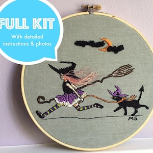 Halloween full embroidery KIT, Witch girl and kitty, modern embroidery kit, Halloween DIY craft, pre printed fabric, Halloween decoration