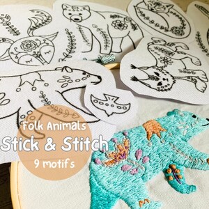 Scandinavian Animal Stick & Stitch Embroidery Patterns – 7 Large  + 2 mini Water-Soluble Designs, No Transfer Needed