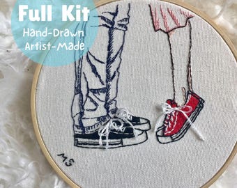 DIY Kissing Sneakers Embroidery Kit: Romantic Hand Stitched Art, Cute couple embroidery, Girl room wall decor