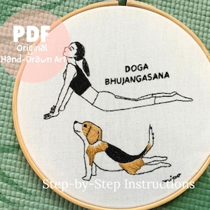 Yoga Dog Embroidery PDF – Doga Cobra Pose Pattern – Beagle & Girl Design